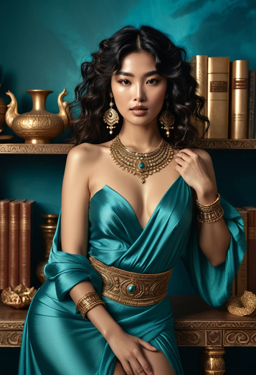 (A half-asian, asian-european, woman with black wavy hair in the style of a greek goddess. bronze skin. Aphrodite, goddess, divine aura) (teal and bronze colours) (high contrast background) (wearing ancient jewellery on upper arms, neck, wrists, fingers) (polaroid camera) (RAW photo, nikon, 8k, Super detailed, advanced details, intricate details, Super detailed) (award-winning photo, masterpiece) (in a islamic art inspired library) (flashing one breast) (lifting her skirt) (parting her long split skirt to show her long beautiful legs) (golden high heels) ((full body))