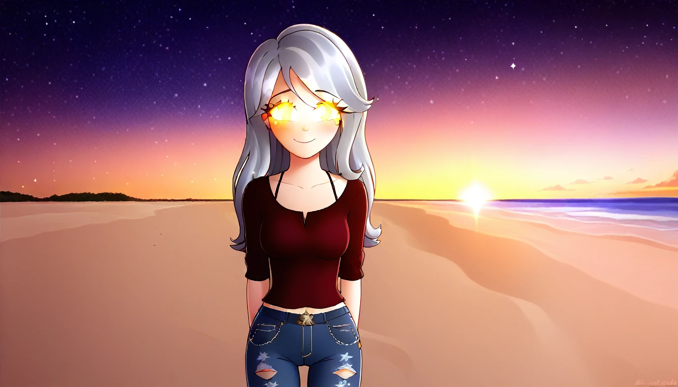 1girl, silver hair, blonde eyes, (glowing eyes), center character, smile, shy, ((background main)), (midnight, beautiful stars, sandy beach, girl looking sky), grunge jeans, full star night, (((ultra anime style, very good quality, top quality)))