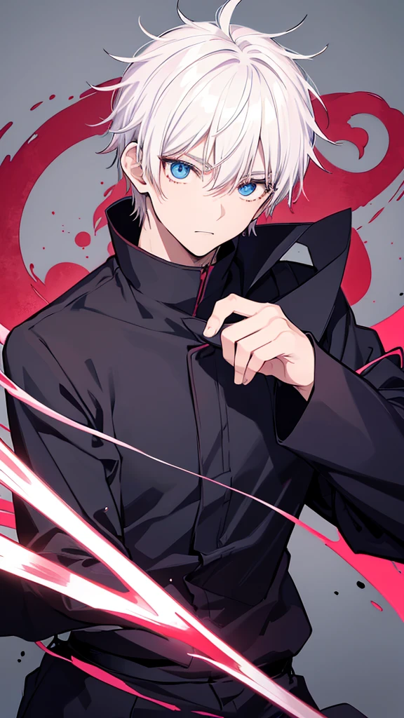 create a black Jujutsu no kaisen manga style image with a young male character extremely similar to Gaku from the Sakamoto Days manga, ele tem cabelo curto fe cor ciano claro e um capuz azul escuro quase preto, e olhos pretos, He wears red earrings and he is holding a heavy sword, he is extremely handsome and stylish, a imagem detalha bem ele, he is anime style.