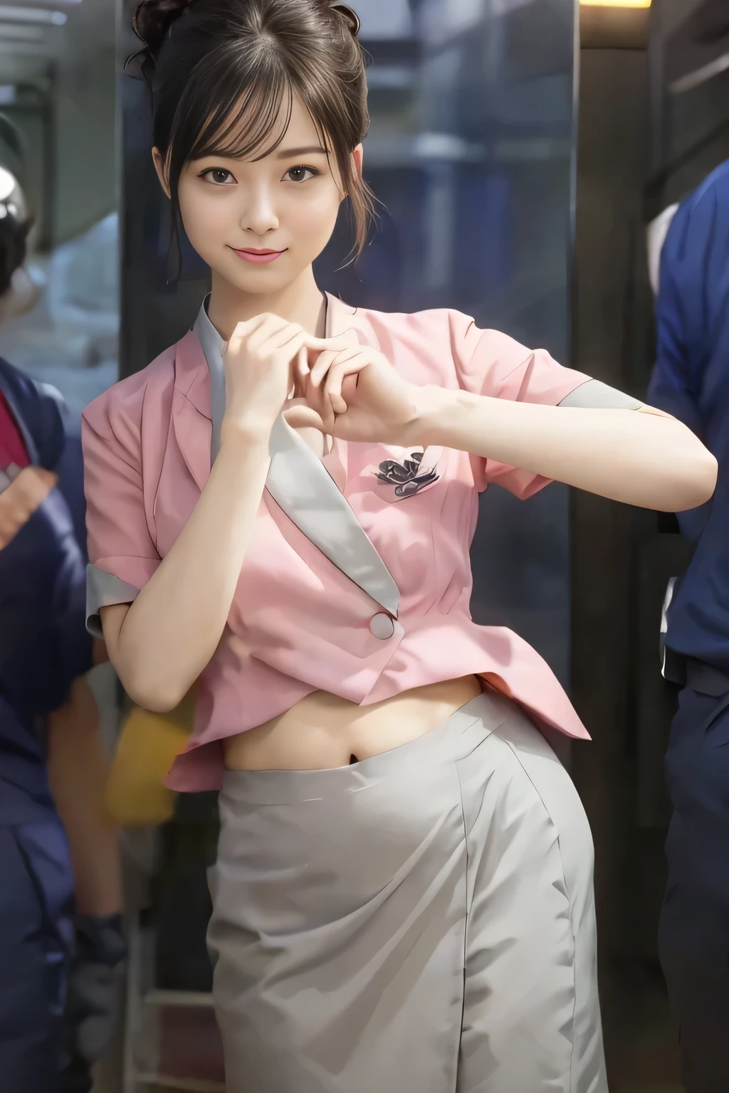 Holding handasterpiece:1.2, Highest quality:1.2), 32k HDR, High resolution, (alone、1 girl)、 (Height: 160cm)、(On the rooftop of a building in the daytime、Professional Lighting)、Building rooftop background、(Nankai train crew uniform pinkを着たリアルスタイル)、(Nankai train crew uniform pink short sleeve collarless pink jacket、Nankai Train Crew Uniform Pink Collarless Short Sleeve Blouse、Nankai Train Crew Uniform Pink Grey Knee-length Culottes)、(The pink jacket is showing from the culottes.)、Dark brown hair、(Hair tied up、Hair tied up、Evening curly hairstyle)、Dark brown hair、Long Shot、Big Breasts、Thin legs、((Great hands:2.0)),((Harmonious body proportions:1.5)),((Normal limbs:2.0)),((Normal finger:2.0)),((Delicate eyes:2.0)),((Normal eyes:2.0)))、smile、(Nankai Train Crew Uniform Pink Grey Knee-length Culottesを見せた美しい歩く姿)、Place your hands around your stomach