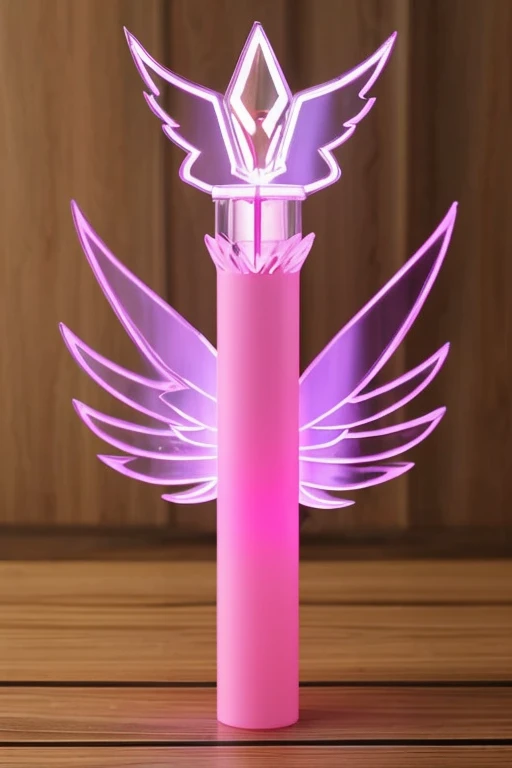 A k-pop lightstick with pink handle and glowing phoenix wing on the handle, and a translucent teardrop-shaped light on top with it's box at the side that says Enchantment Stick
