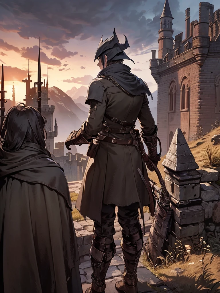 (masterpiece、top-quality、hight resolution), An adventurer standing in the wilderness outside the castle walls, looking up at the castle. The adventurer's back is facing the viewer, showcasing their rugged gear and weaponry. The castle walls and the majestic castle itself loom in the distance, with towers and battlements visible. The surrounding landscape is barren and harsh, emphasizing the journey the adventurer has undertaken to reach this point. The sky is vast, with perhaps a hint of dramatic clouds, adding to the sense of adventure and anticipation. hunter (bloodborne)