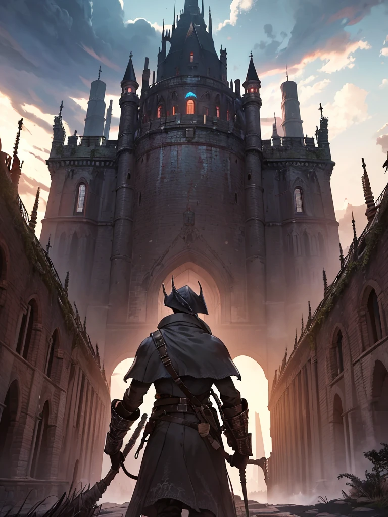 (​masterpiece、top-quality、hight resolution), An adventurer standing in the wilderness outside the castle walls, looking up at the castle. The adventurer's back is facing the viewer, showcasing their rugged gear and weaponry. The castle walls and the majestic castle itself loom in the distance, with towers and battlements visible. The surrounding landscape is barren and harsh, emphasizing the journey the adventurer has undertaken to reach this point. The sky is vast, with perhaps a hint of dramatic clouds, adding to the sense of adventure and anticipation.  hunter (bloodborne)