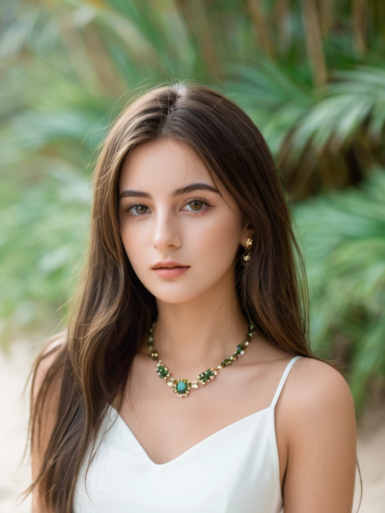 1 fille dans, 23 ans, visage carré, cheveux longs bruns, regarde lointaine , bijoux, réaliste, Tenue robe moulante, fond de plage , forêt,