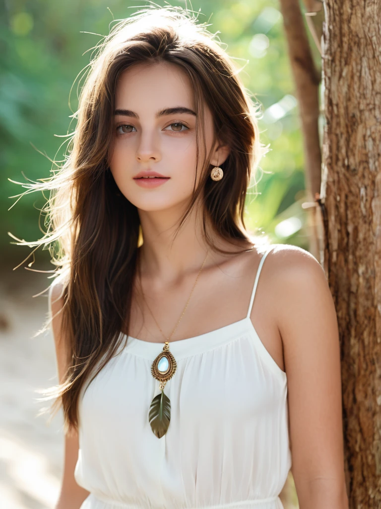 1 fille dans, 23 ans, visage carré, cheveux longs bruns, regarde lointaine , bijoux, réaliste, Tenue robe moulante, fond de plage , forêt,