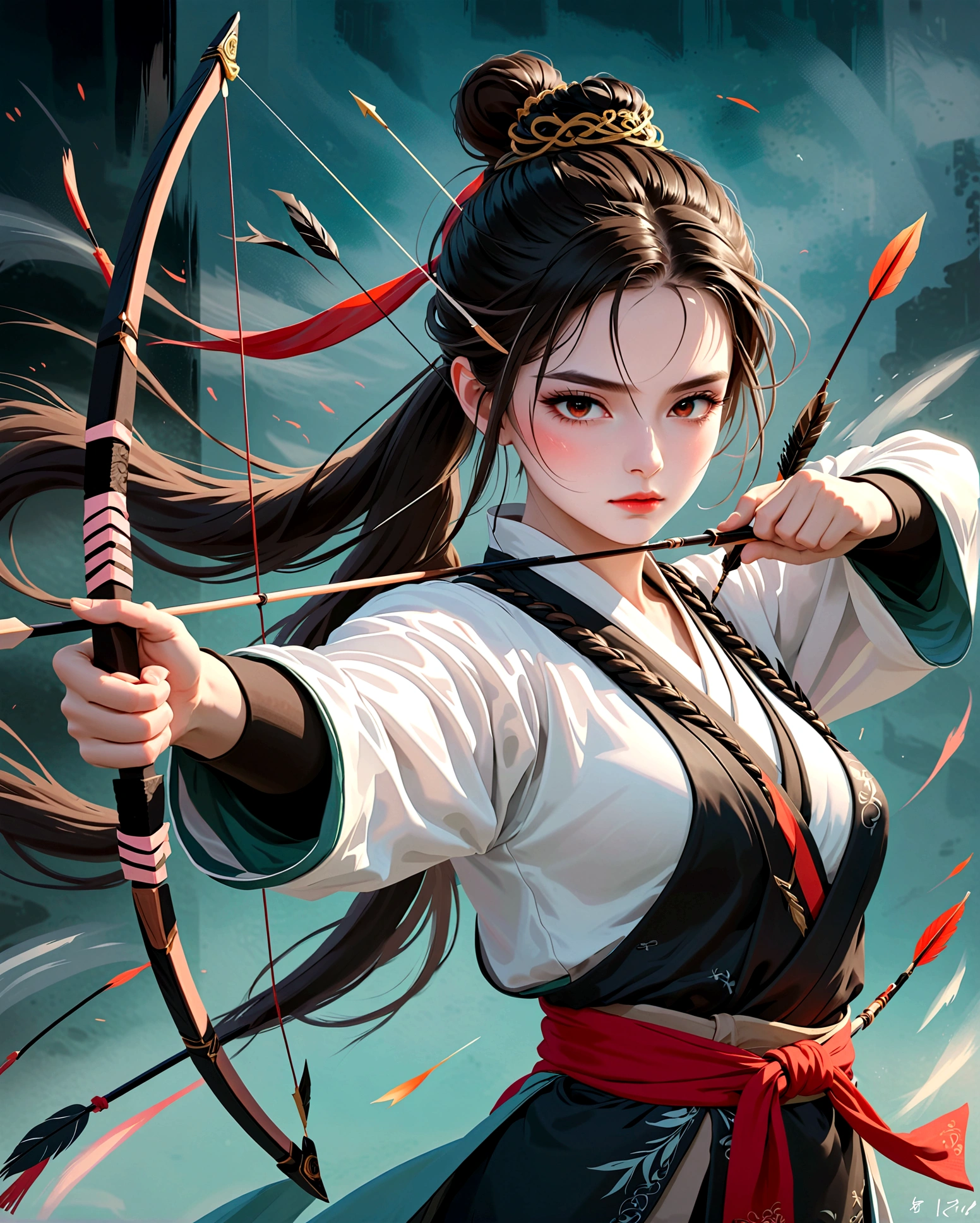 1 Girl，Hanfu，High Ponytail，Shooting an arrow，Ready to go