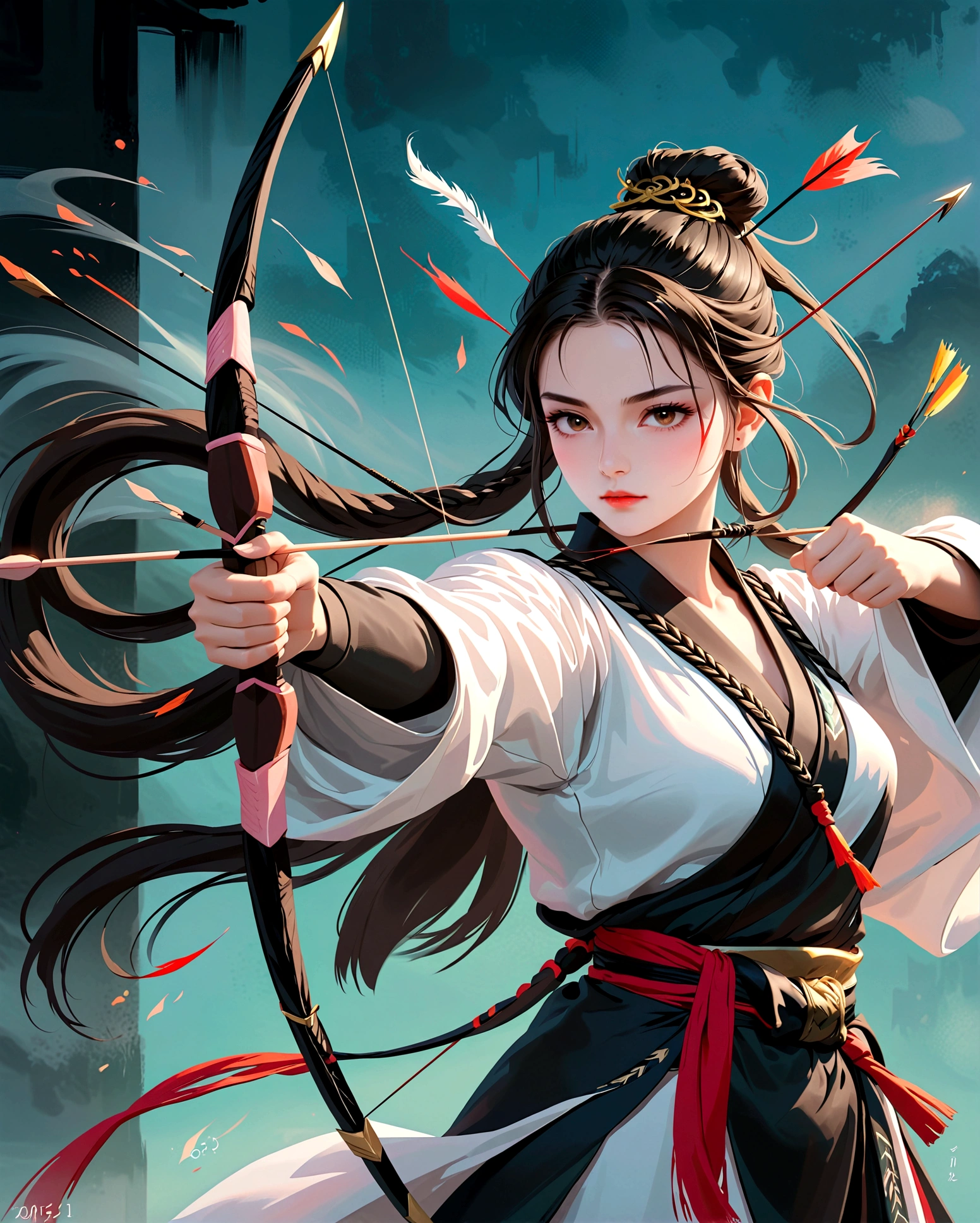1 Girl,Hanfu,High Ponytail,Shooting an arrow,Ready to go