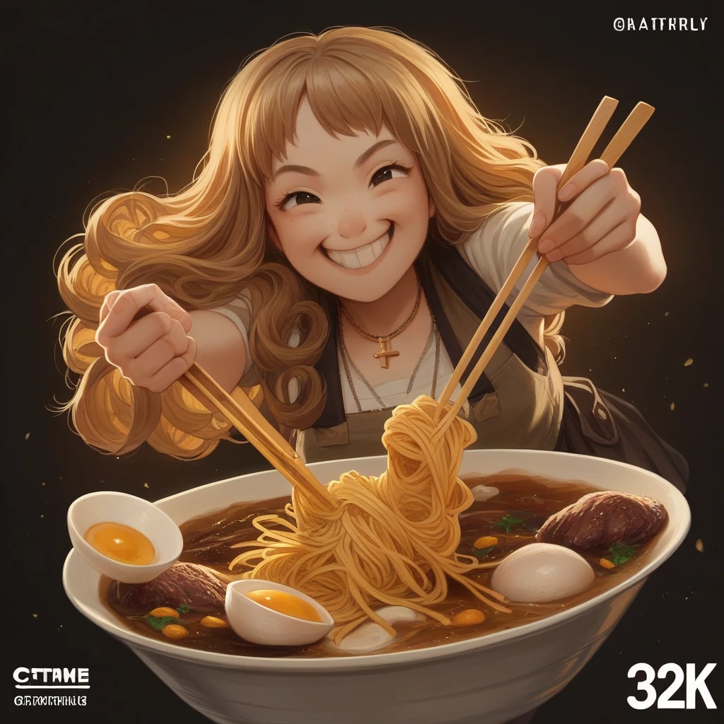 Capture the moment when a hungry beautiful girl, long gold brown wavy curly hair, round face, cymmetric eyes, big nose. wearing cross necklace, wearing casual outfit, smile,  enthusiastically dives into a giant bowl of noodles, beef curry, boiled eggs, meatballs, chopsticks in hand, with a mischievous grin on her face, caricature, 3D rendering, dynamic pose, light particles, ultra detailed, oktane rendering, volumetric light, ultra sharp, highest quality, sharp fokus, 32K