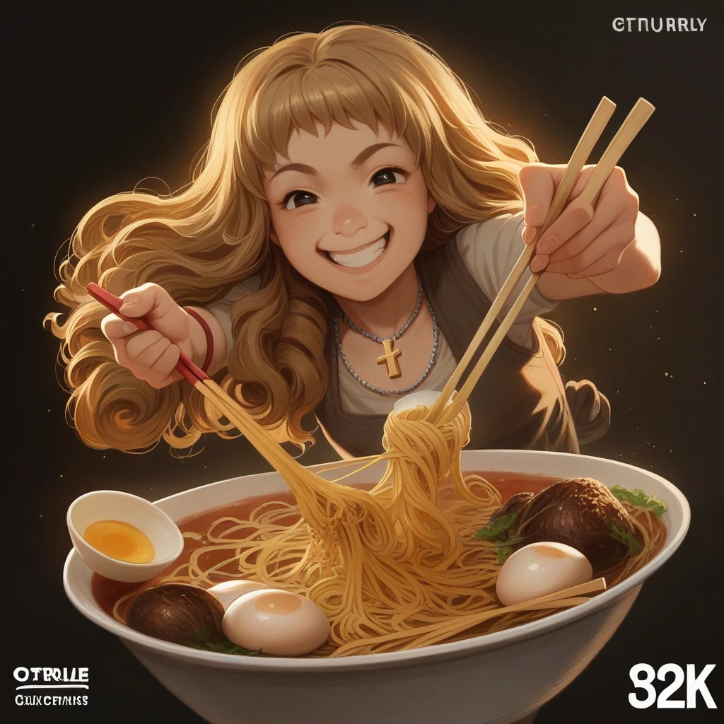 Capture the moment when a hungry beautiful girl, long gold brown wavy curly hair, round face, cymmetric eyes, big nose. wearing cross necklace, wearing casual outfit, smile,  enthusiastically dives into a giant bowl of noodles, beef curry, boiled eggs, meatballs, chopsticks in hand, with a mischievous grin on her face, caricature, 3D rendering, dynamic pose, light particles, ultra detailed, oktane rendering, volumetric light, ultra sharp, highest quality, sharp fokus, 32K