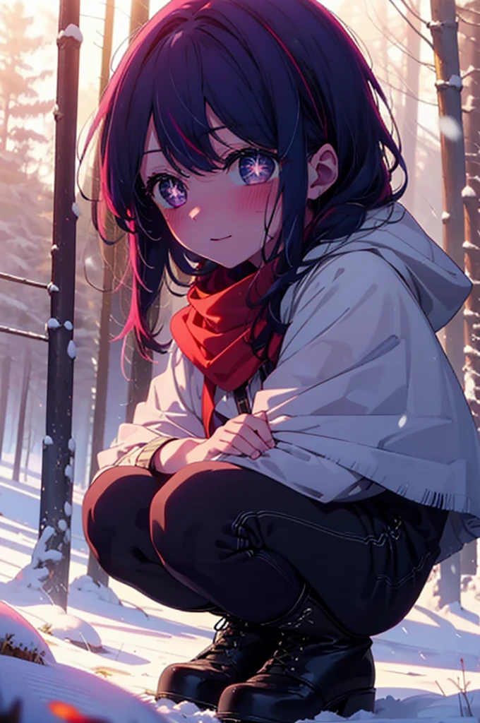 aihoshino, Ai Hoshino, Long Hair, bangs, (Purple eyes:1.1), Purple Hair, (Symbol-shaped pupil:1.5), smile,,smile,blush,White Breath,
Open your mouth,snow,Ground bonfire, Outdoor, boots, snowing, From the side, wood, suitcase, Cape, Blurred, , forest, White handbag, nature,  Squat, Mouth closed, Cape, winter, Written boundary depth, Black shoes, red Cape break looking at viewer, Upper Body, whole body, break Outdoor, forest, nature, break (masterpiece:1.2), Highest quality, High resolution, unity 8k wallpaper, (shape:0.8), (Beautiful and beautiful eyes:1.6), Highly detailed face, Perfect lighting, Highly detailed CG, (Perfect hands, Perfect Anatomy),