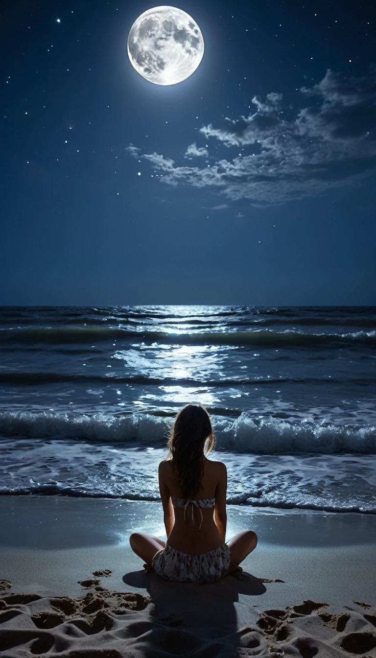 una mujer sentada en la playa con velas en la arena, sitting in the cosmic sky, en el plano astral ) ) ), sentado en la playa por la noche, Tranquilidad de las estrellas infinitas, Magical Feeling Vibrations, floating across the cosmic ocean, flotando en el universo, flotando entre las estrellas, ethereal lights, bajo un mar de estrellas, « Femme on a galactic shore