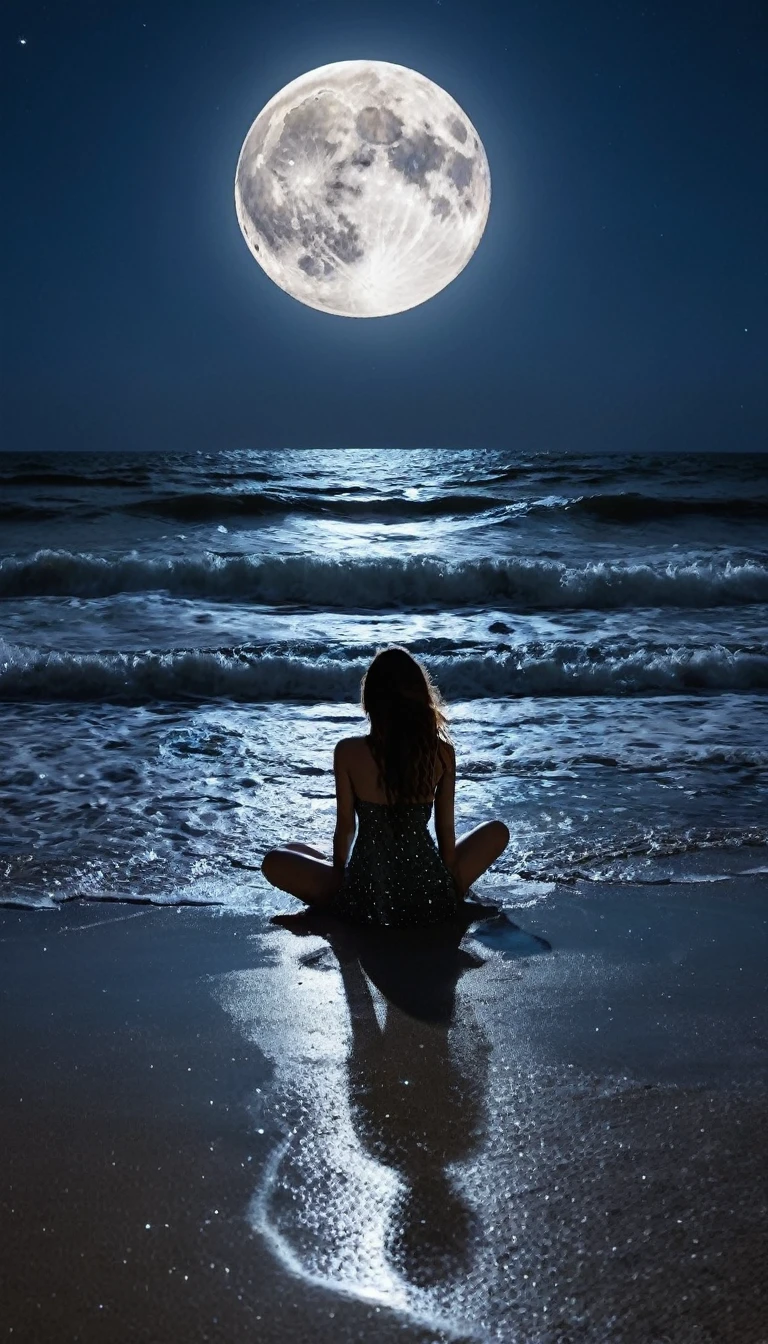 22yo perfect Hungarian brunette very thin girl sitting naked on a towel on the seashore under the night sky with full moon, detailed body, face amd brown eyes, exact number of limbs and fingers, photo from back, 35mm film, straight crossed legs,