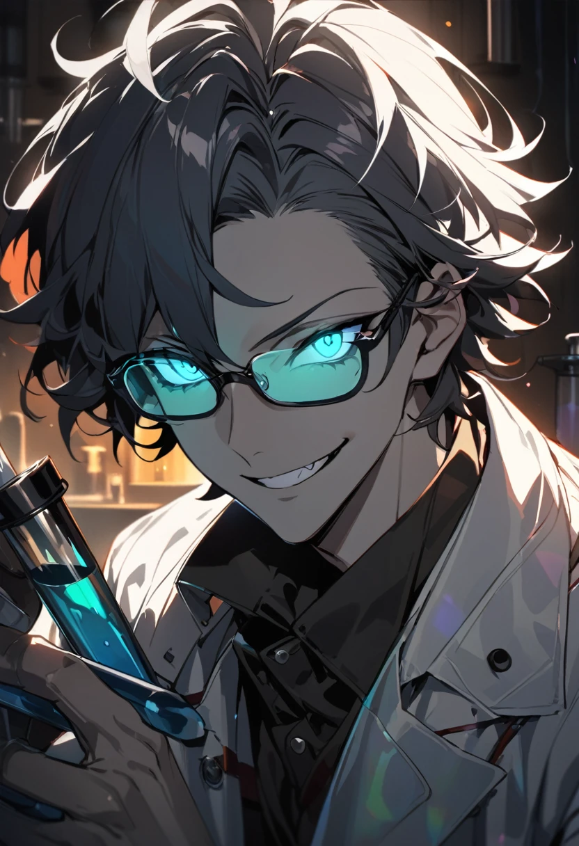 (masterpiece, best quality), detailed face, solo, 1man, messy short hair, bishounen, mad scientist, scientist coat, glasses, lens flare, maniacal smile, sharp eyes, glowing eyes, holding science test tube, in laboratory, dark shadows, contrast, science, sinister, portrait