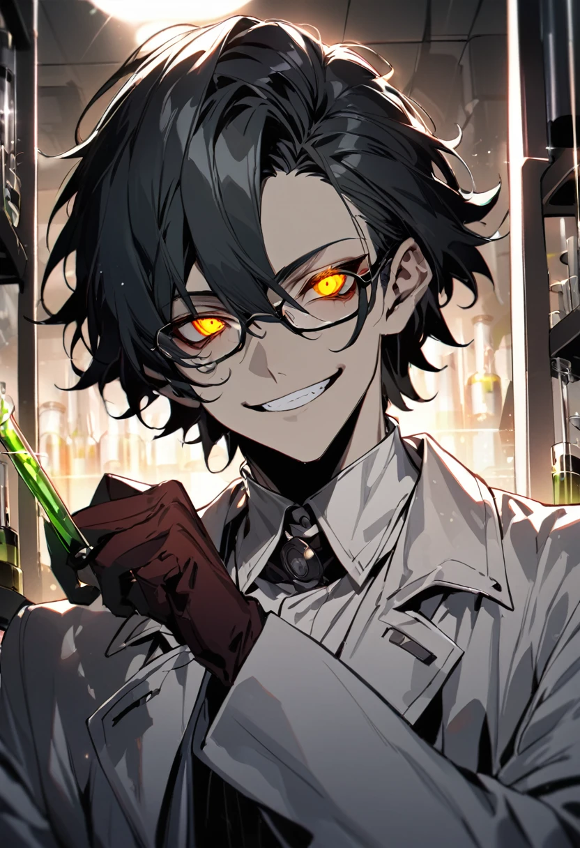 (masterpiece, best quality), detailed face, solo, 1man, messy short hair, bishounen, mad scientist, scientist coat, glasses, lens flare, maniacal smile, sharp eyes, glowing eyes, holding science test tube, in laboratory, dark shadows, contrast, science, sinister, portrait