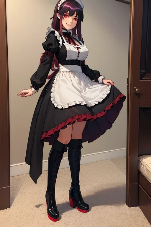 female, purple long hair, red eyes, (((1girl))), (((black Victorian maid uniform))), (black heeled boots), (white apron), cute and sexy, full body, large breasts, long legs, smiling
