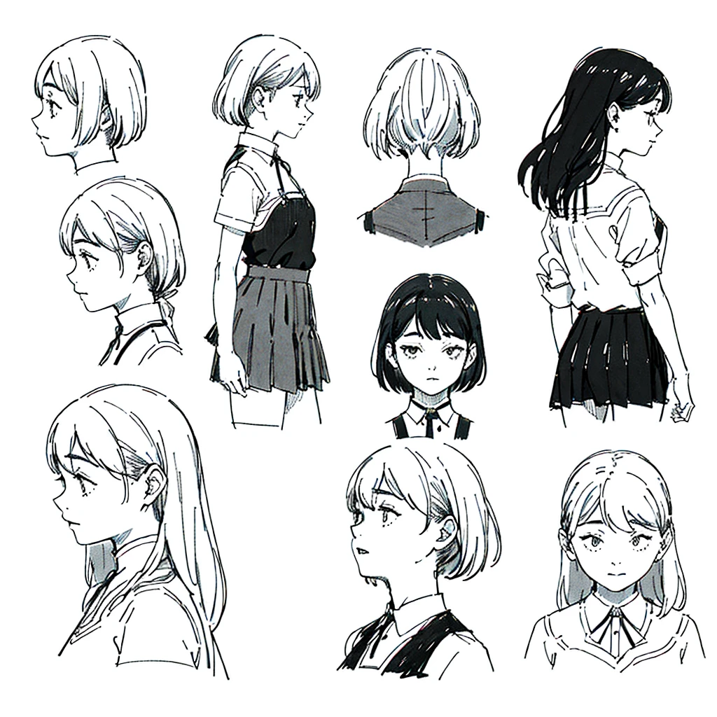 One Girl,Line art,Monochrome,sketch,Pencil drawing,Traditional Media,One Girl, skirt,Cute Teenage Girls, ,Beautiful portrait、Delicate body、Black Hair、Black Hair,landscape (Multiple Views, Multiple Angles), Side view, Front view, look up, Look down, Rear View, 20-degree head view