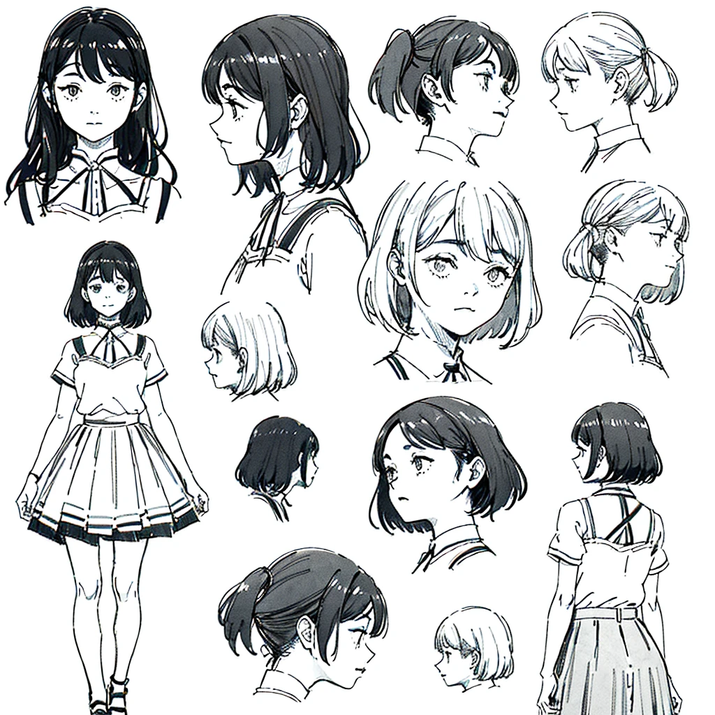 One Girl,Line art,Monochrome,sketch,Pencil drawing,Traditional Media,One Girl, skirt,Cute Teenage Girls, ,Beautiful portrait、Delicate body、Black Hair、Black Hair,landscape (Multiple Views, Multiple Angles), Side view, Front view, look up, Look down, Rear View, 20-degree head view