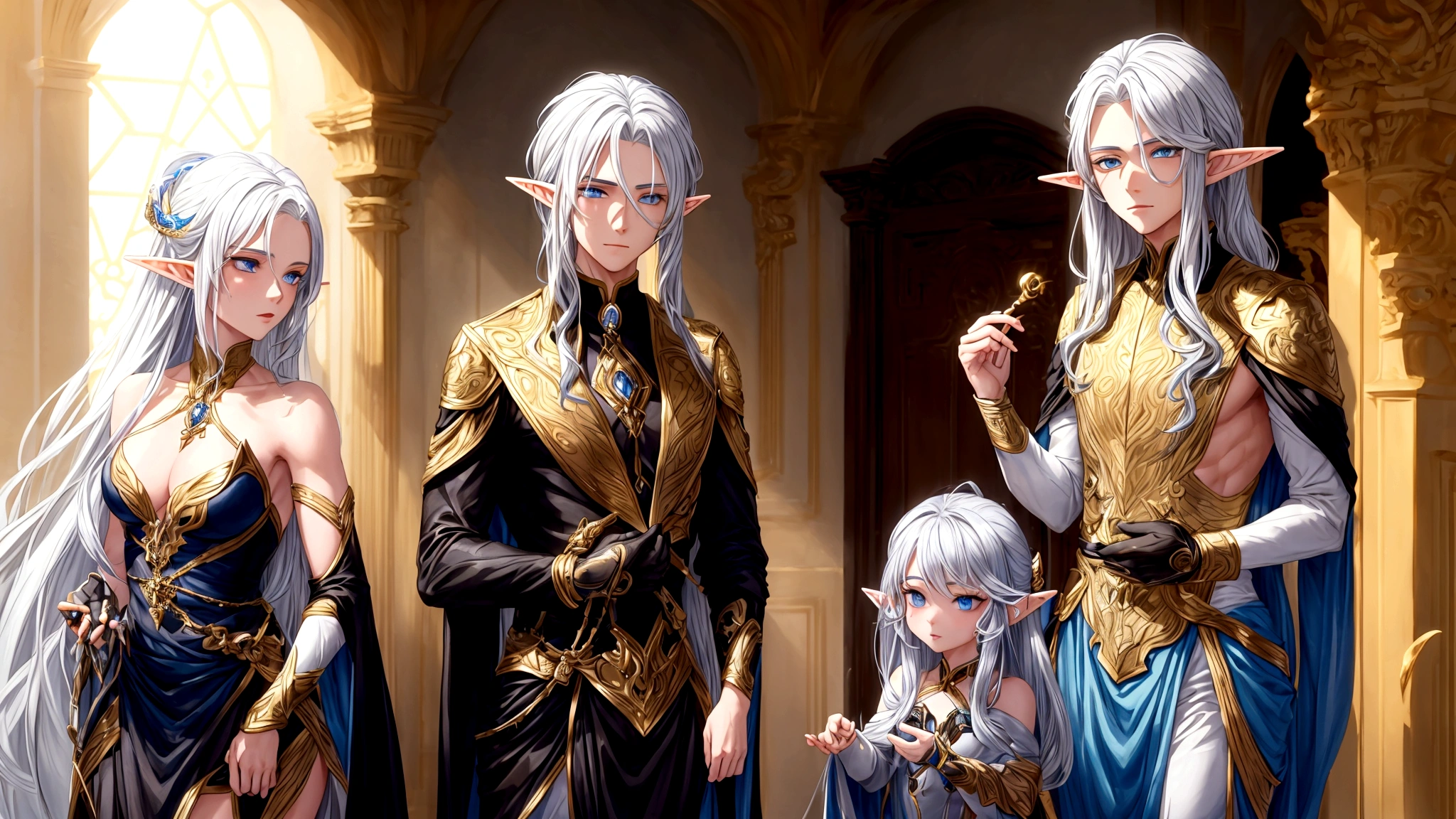 guy with golden hair, elf girl with silver hair and blue eyes, a guy with masculine features is in love with a girl