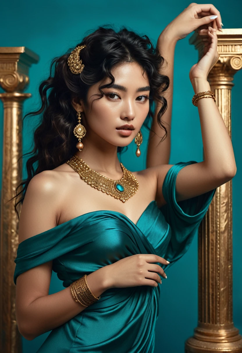 (A half-asian, asian-european, woman with black wavy hair in the style of a greek goddess. bronze skin. Aphrodite, goddess, divine aura) (teal and bronze colours) (high contrast background) (wearing ancient jewellery on upper arms, neck, wrists, fingers) (polaroid camera) (RAW photo, nikon, 8k, Super detailed, advanced details, intricate details, Super detailed) (award-winning photo, masterpiece) (in a islamic art inspired library with many books and paintings)  (golden high heels) ((full body))  ((metart, x-art))