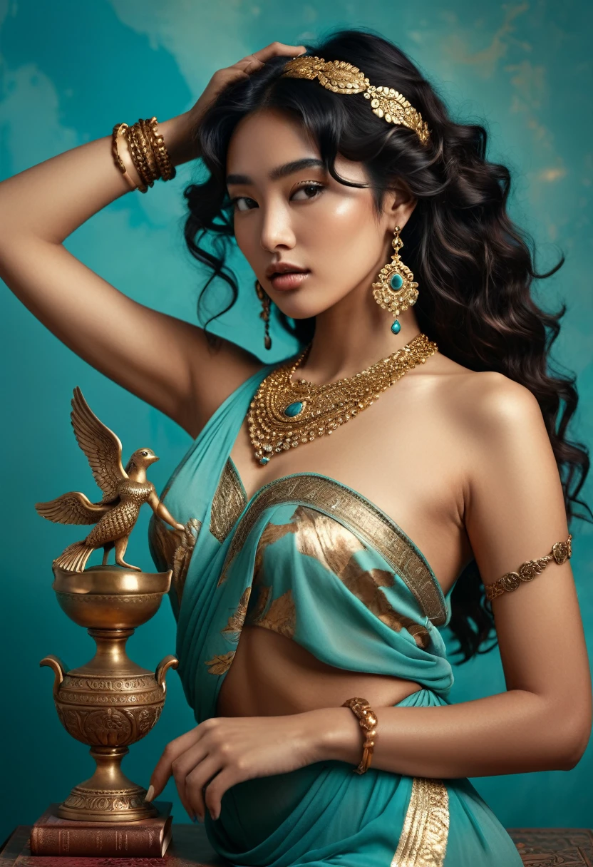 (A half-asian, asian-european, woman with black wavy hair in the style of a greek goddess. bronze skin. Aphrodite, goddess, divine aura) (teal and bronze colours) (high contrast background) (wearing ancient jewellery on upper arms, neck, wrists, fingers) (polaroid camera) (RAW photo, nikon, 8k, Super detailed, advanced details, intricate details, Super detailed) (award-winning photo, masterpiece) (in a islamic art inspired library with many books and paintings)  (golden high heels) ((full body))  ((metart, x-art))