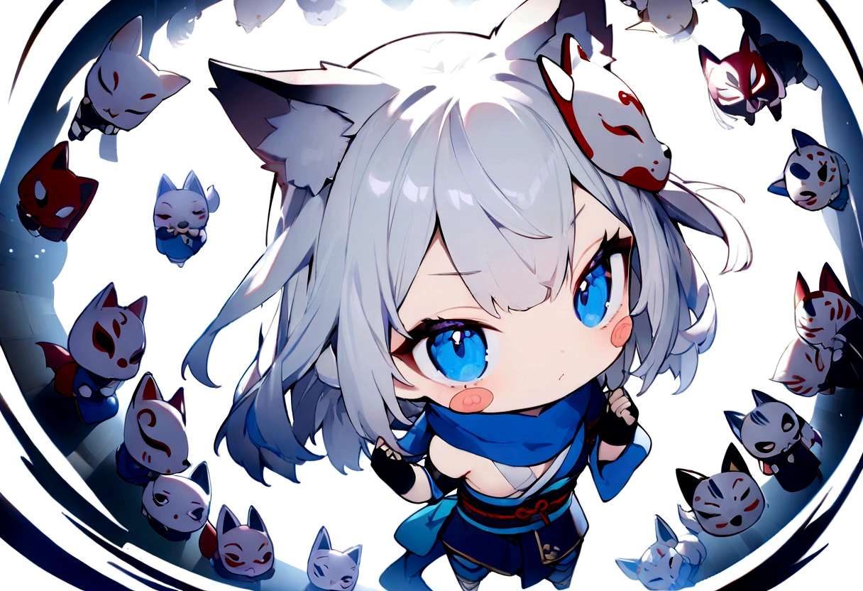 Stickers、White Gauntlet、chibi,No sleeve、Bleaching、(masterpiece, best quality:1.2), 1girl, 独奏,Wolf girl, fox mask, ninja, girl, white hair, odd eyes, blue kimono, ninja girl, red and blue scarf,Chibi Character、White background, fantastic atmosphere.White background、、Black fox mask、Fisheye Lens、hair、Bandage on chest、boy、Black fox mask、Blue Bondage