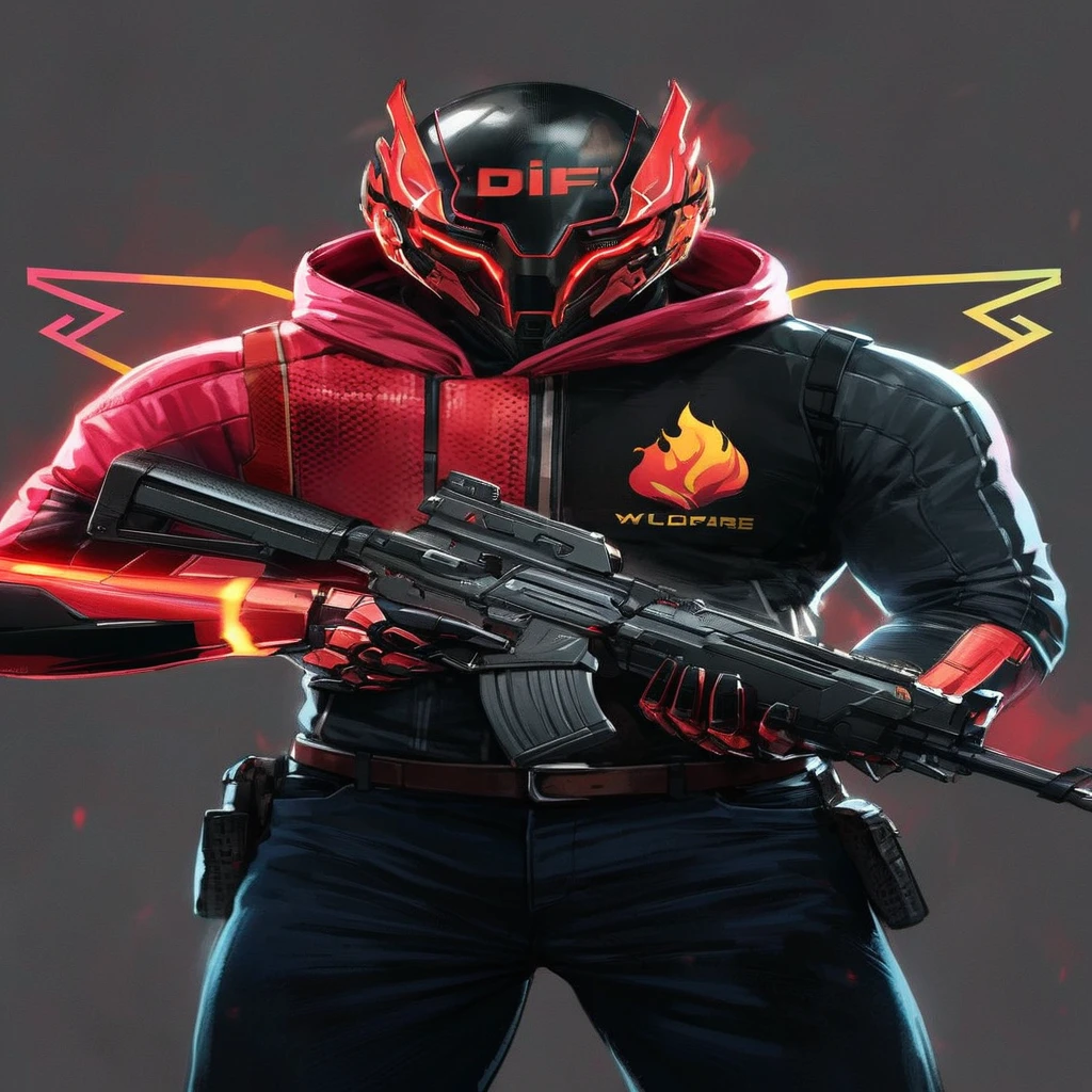 A captivating illustration of Silco, the arcane champion, standing tall in his stunning neon red and black cyber armor. The armor's "DIF" design on the helmet, predominantly black with striking red accents, shows his affiliation. On the chest he sports the "WildFire" emblem in fire red and flame yellow, adding a touch of intense energy to his ensemble. Equipped with a sleek one-handed assault rifle, Silco exudes unwavering confidence and determination. The image encapsulates the perfect blend of futuristic technology, cyberpunk aesthetics and a sense of imminent danger.