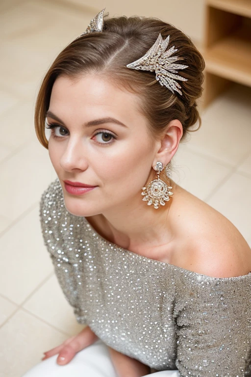 (From directly above, Bird's eye view), An attractive female teacher kneels gracefully on the floor, Her eyes are fixed on the camera. She exudes confidence and elegance, Every aspect of her appearance was carefully designed.. Her face is painted with perfect makeup - mascara, Eyeliner, And the eye-catching eyeshadow that accentuates her stunning gaze. long, Fluttering lashes add a touch of glamour.
She wears sparkling and elegant earrings on her ears, With her stylish hairstyle, This is carefully planned,To show her beauty. The teacher's attire exudes professionalism and sophistication, While still maintaining a hint of charm. She is wearing a lace top and pencil skirt, Perfect for her role as an educator.
This scene takes place on the smooth floor, Polished toilet tiles, Contrast this charismatic teacher with her surroundings. Despite the special geographical location, Her presence exudes confidence and authority. From this Bird's eye view, She appears like a beacon of knowledge, Ready to impart wisdom and inspire her students with her undeniable grace and beauty. Beautiful and delicate nose, Beautiful and delicate thighs, (Beautiful and delicate eyes),(((Full and soft breasts,)))(((Huge breasts))) (((Cleavage))) (Perfect curvy figure) (Perfect curvy figure), Wide hips perfect body proportions, (Looking at the audience)