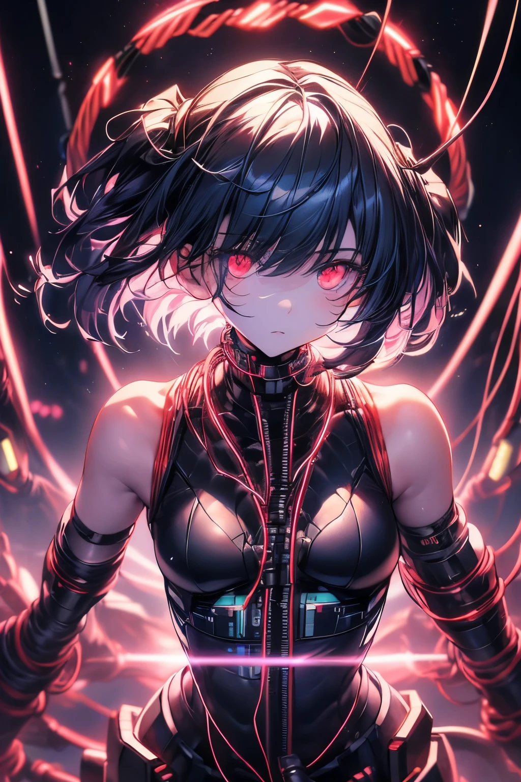 (((Cyber World))), (((arms、knife、have arms)))Cinematic Light,((1 Mechanical Girl)),alone, ,whole body, Mechanical joints, Expressionless, (Wires and cables connected to the head and torso:1.5),Small breasts, short hair, Character Focus, sf, flower