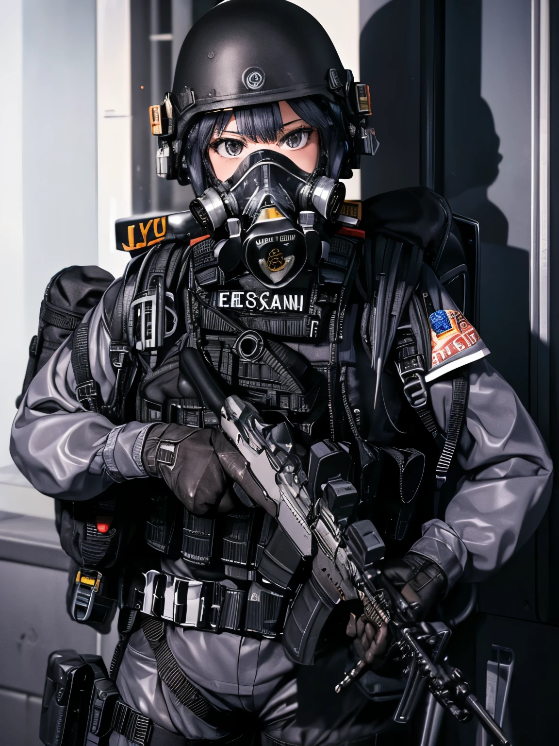 (Highly detailed CG Unity 8k wallpaper),(masterpiece), (Highest quality), (Super detailed), (Best illustrations),(Best Shadow), 1girl, ,ruanyi0524,backpack,belt,bulletproof vest,gas mask,helmet,gloves,tactical clothes,respirator,