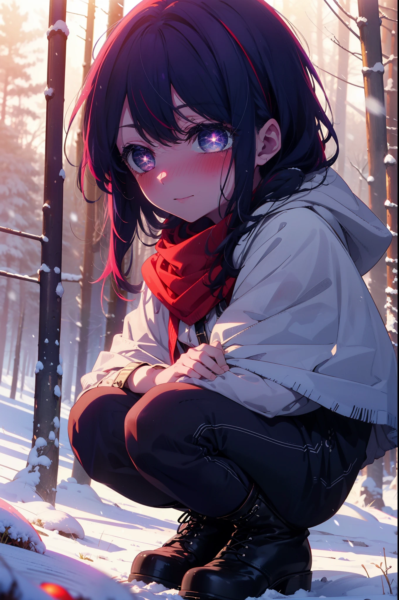 aihoshino, Ai Hoshino, Long Hair, bangs, (Purple eyes:1.1), Purple Hair, (Symbol-shaped pupil:1.5), smile,,smile,blush,White Breath,
Open your mouth,snow,Ground bonfire, Outdoor, boots, snowing, From the side, wood, suitcase, Cape, Blurred, , forest, White handbag, nature, Squat, Mouth closed, Cape, winter, Written boundary depth, Black shoes, red Cape break looking at viewer, Upper Body, whole body, break Outdoor, forest, nature, break (masterpiece:1.2), Highest quality, High resolution, unity 8k wallpaper, (shape:0.8), (Beautiful and beautiful eyes:1.6), Highly detailed face, Perfect lighting, Highly detailed CG, (Perfect hands, Perfect Anatomy),