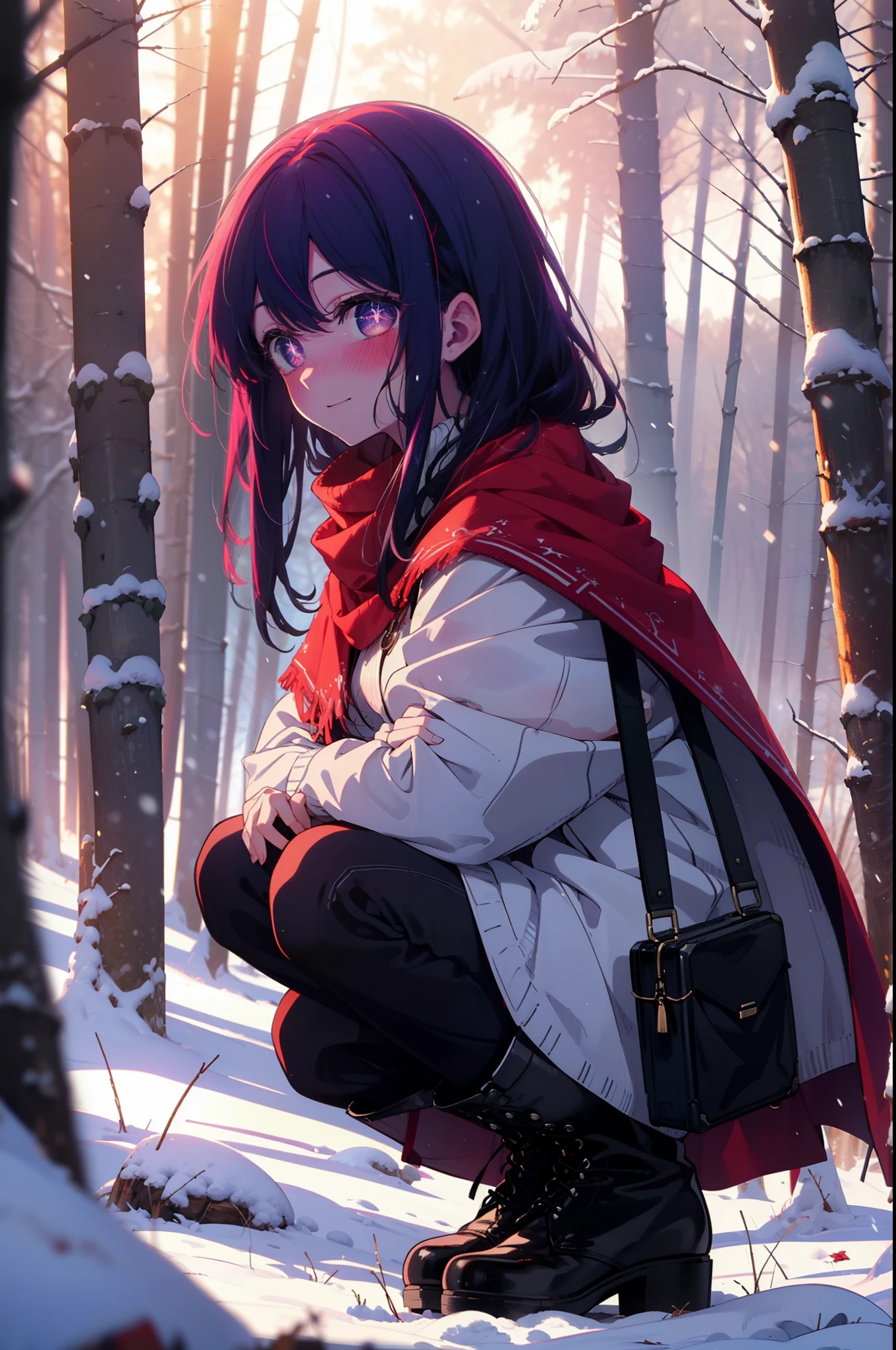 aihoshino, Ai Hoshino, Long Hair, bangs, (Purple eyes:1.1), Purple Hair, (Symbol-shaped pupil:1.5), smile,,smile,blush,White Breath,
Open your mouth,snow,Ground bonfire, Outdoor, boots, snowing, From the side, wood, suitcase, Cape, Blurred, , forest, White handbag, nature,  Squat, Mouth closed, Cape, winter, Written boundary depth, Black shoes, red Cape break looking at viewer, Upper Body, whole body, break Outdoor, forest, nature, break (masterpiece:1.2), Highest quality, High resolution, unity 8k wallpaper, (shape:0.8), (Beautiful and beautiful eyes:1.6), Highly detailed face, Perfect lighting, Highly detailed CG, (Perfect hands, Perfect Anatomy),