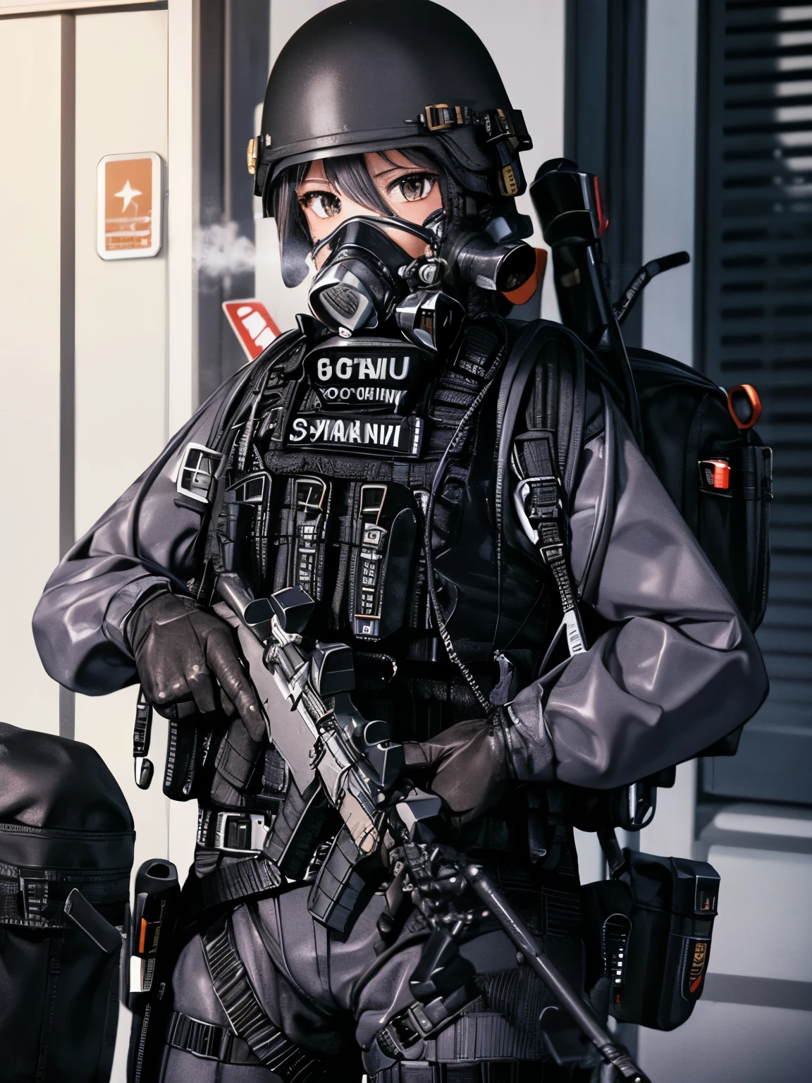 (Highly detailed CG Unity 8k wallpaper),(masterpiece), (Highest quality), (Super detailed), (Best illustrations),(Best Shadow), 1girl, ,ruanyi0524,backpack,belt,bulletproof vest,gas mask,helmet,gloves,tactical clothes,respirator,