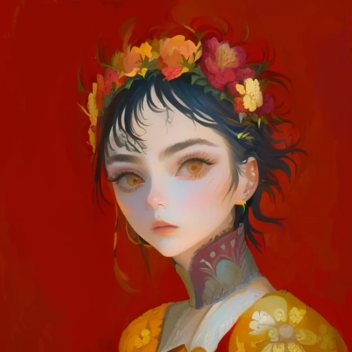 painting of a woman with a flower crown on her head, stylized portrait, inspired by Romano Vio, girl with a flower head, inspired by Jacques-Louis David, some red and yellow, inspired by Kahlo, portrait of modern darna, inspired by Jin Nong, an expressive digital painting, portrait in the style of craola, a digital painting