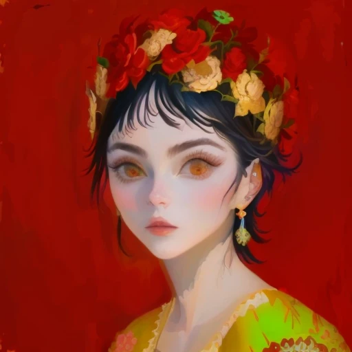 painting of a woman with a flower crown on her head, stylized portrait, inspired by Romano Vio, girl with a flower head, inspired by Jacques-Louis David, some red and yellow, inspired by Kahlo, portrait of modern darna, inspired by Jin Nong, an expressive digital painting, portrait in the style of craola, a digital painting