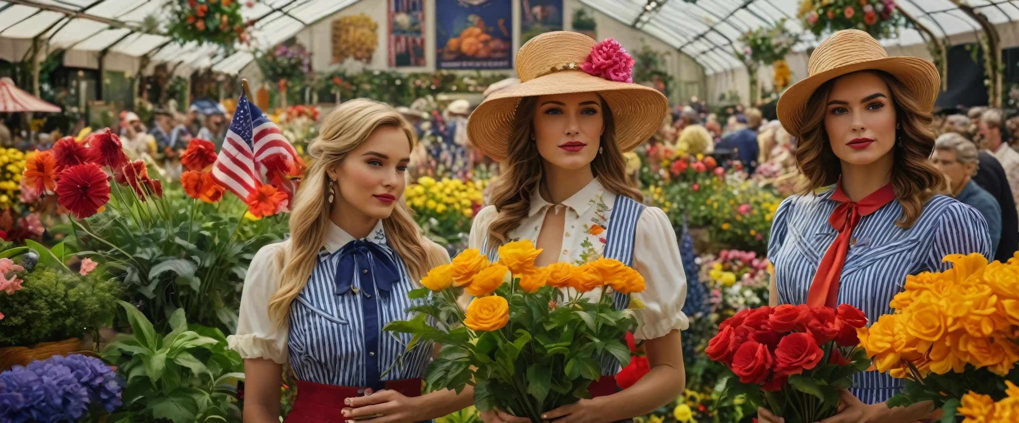 create an image demonstrating the style of ((Historical Americana)) style, hyper realism, 8k high definition, vibrant colors, sharp focus, insanely detailed, pretty girls at the flower show,