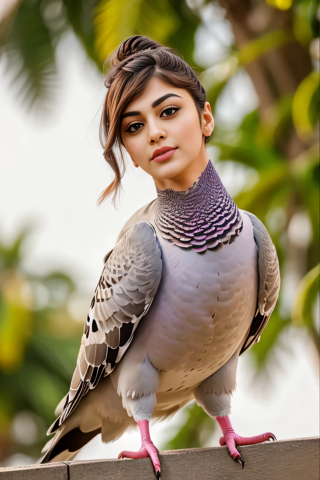 Hansika Motwani is a pigeon bird, She is a bird but her head looks like girl, from neck to full body looks like pigeon bird. Pigeon legs, pigeon wings. Bird body, pigeon body,   perfect picture, perfect bird, real bird, Real head replace with real pigeon head. Exact Bird .