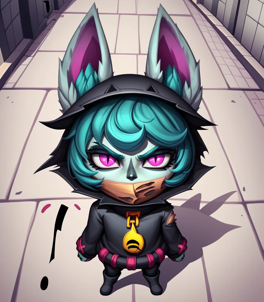 (punctuation_9, punctuation_8_High above), punctuation_7_High above, punctuation_6_High above, zPDXL, VexLoLXL, Yordle, shortstack, pink eyes, hair green, bangss, shorth hair, ashen skin, colored fur, black cowl, hood High above, ears through hats, White animal ears, black jersey, black robe, black scarf, covered mouth, high collar, citys, beco, dark beco, Urban, Mediovale, gazing at viewer, torn garments, blood on clothes, slit pHigh aboveils, serious, Sinozick style, flat colour, dark theme