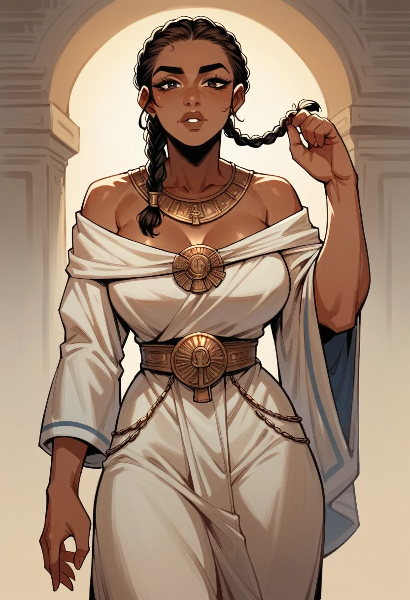 1girl, hd resolution, fantasy settings, greek girl, dnd character, tan skin, ((brown skin)), (braid hair), ((busty)) body, (wearing ancient rome toga garment)