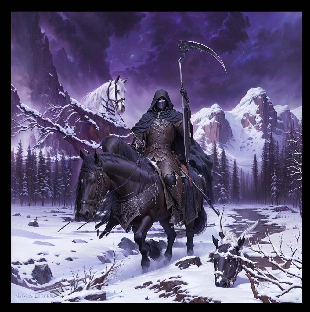 painting of a man on horseback with a scythe in the snow, Horsemen of the Apocalypse, Dark fantasy oil painting, detailed cover, severe reaper, severedark matte fantasy painting, Nazgúl, severe, Muerte Vally, the third horseman, the severe reaper, just art for dark metal music, Skeletor Portrait, night reaper!!!!