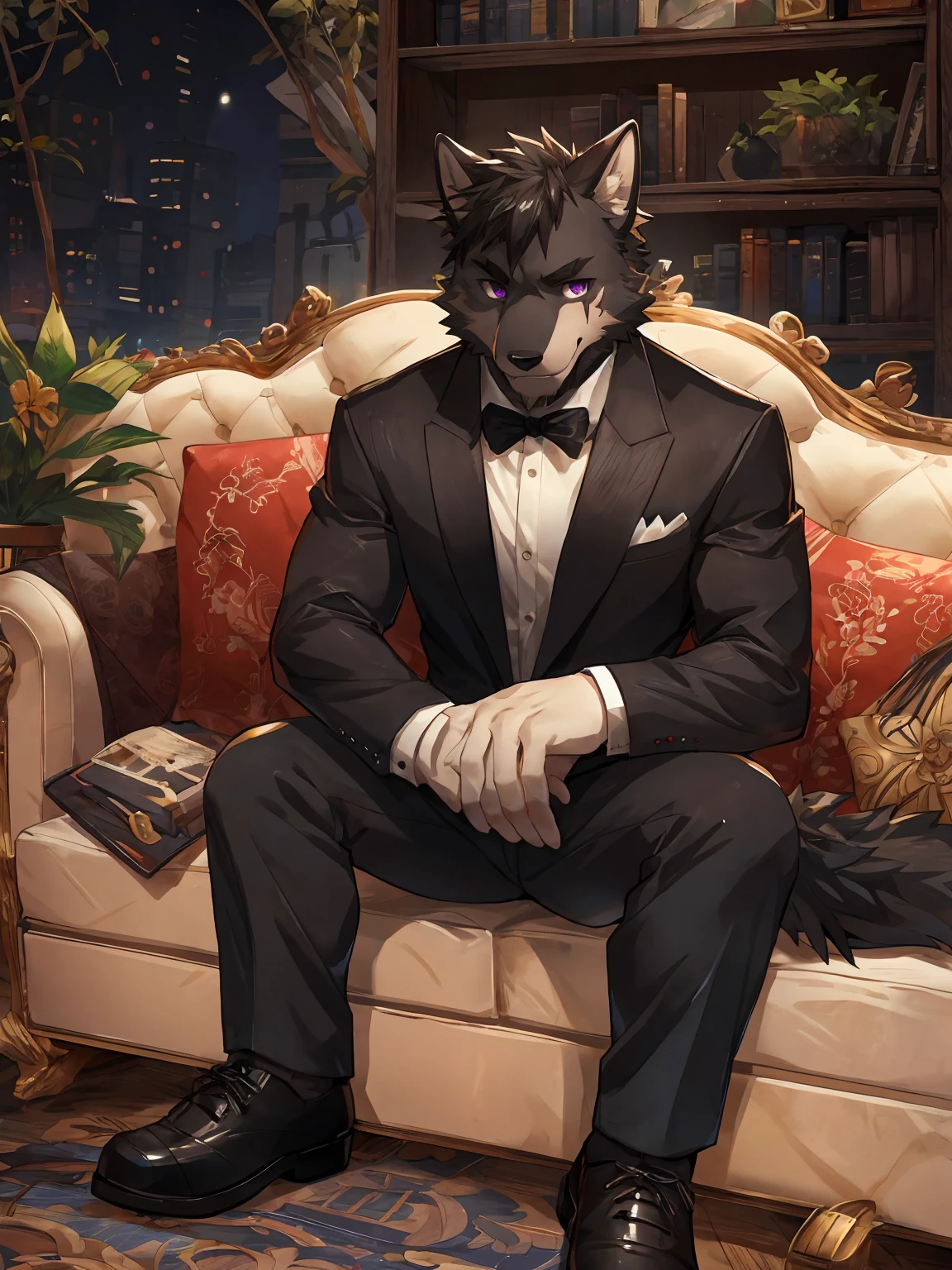 embedding:Black wolf,purple eyes, male, Scar on the face, Single Person,black fur,Black tattoo on his arm.Eyebrow studs,Broken eyebrow,Sunglasses,Mob boss,Gangsters,Black suit,Leather shoes,A dark scene,Black tone,Dark style,Sitting on a luxurious sofa,Overbearing,A sense of oppression,Best quality hands, best quality eye,detailed fur,Delicate eyes.Extreme picture quality,by sollyz,by zixiong,by milkytiger1145