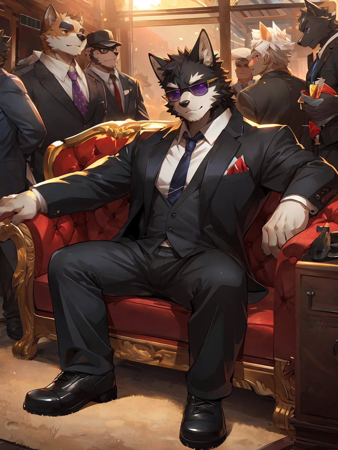 embedding:Black wolf，purple eyes, male, Scar on the face, Single Person,black fur,Black tattoo on his arm.Eyebrow studs,Broken eyebrow,Sunglasses,Mob boss,Gangsters,Black suit,Leather shoes,A dark scene,Black tone,Dark style,Sitting on a luxurious sofa,Overbearing,A sense of oppression,Best quality hands, best quality eye，detailed fur，Delicate eyes.Extreme picture quality，by sollyz,by zixiong,by milkytiger1145