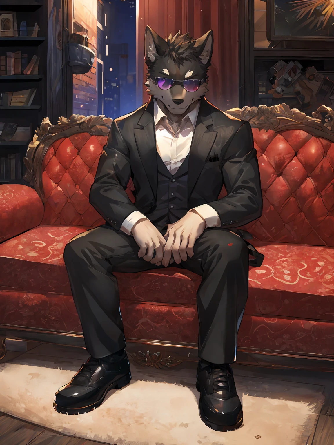 embedding:Black wolf,purple eyes, male, Scar on the face, Single Person,black fur,Black tattoo on his arm.Eyebrow studs,Broken eyebrow,Sunglasses,Mob boss,Gangsters,Black suit,Leather shoes,A dark scene,Black tone,Dark style,Sitting on a luxurious sofa,Overbearing,A sense of oppression,Best quality hands, best quality eye,detailed fur,Delicate eyes.Extreme picture quality,by sollyz,by zixiong,by milkytiger1145