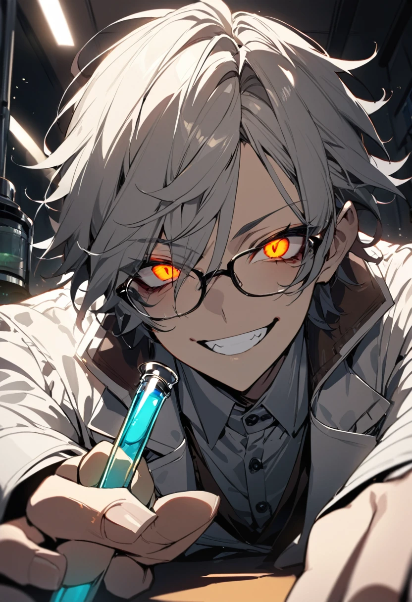 (masterpiece, best quality), detailed face, solo, 1man, messy short hair, bishounen, mad scientist, scientist coat, glasses, lens flare, maniacal smile, sharp eyes, glowing eyes, holding science test tube, in laboratory, dark shadows, contrast, science, sinister, portrait, top-down perspective