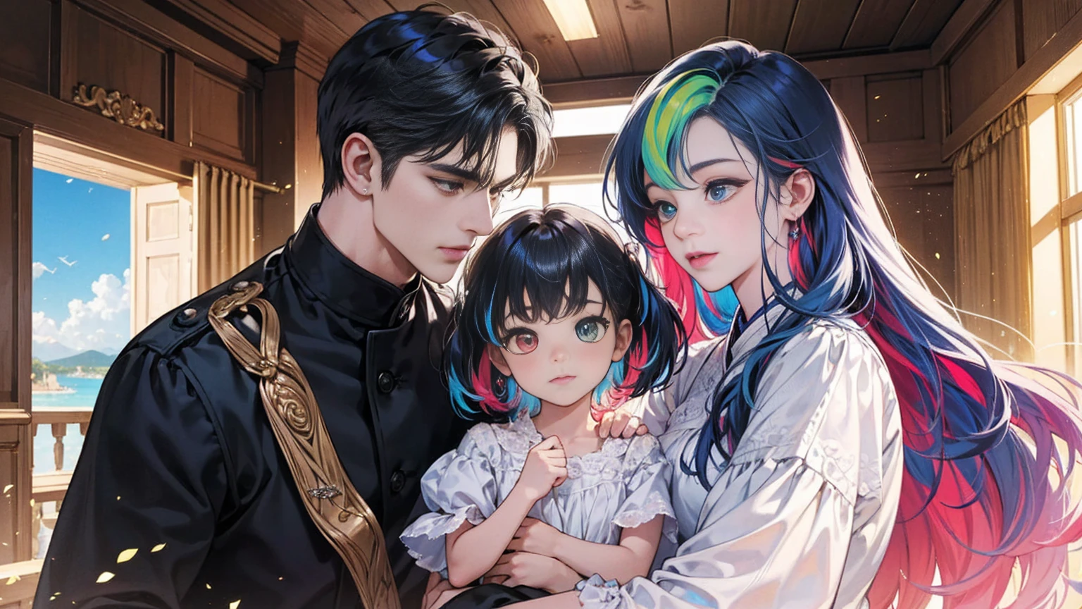 {{masterpiece}}, 最high quality, Very detailedな CG ユニティ 8k 壁紙, Cinema Lighting, Lens flare, Beautiful details in the eyes, black, Sideways glance, Multicolored Hair, colorful light, particle, Heterochromia iridis, (colorful:1.5), (colorful hair:1.5),{{masterpiece}}, 最high quality, Very detailedな CG ユニティ 8k 壁紙, Cinema Lighting, Lens flare, Beautiful details in the eyes, black, Sideways glance, Multicolored Hair, colorful light, particle, Heterochromia iridis, (colorful:1.5), (colorful hair:1.5),masterpiece, 最high quality, Official Art, 8k wallpaper, Very detailed, Very delicate and beautiful, wonderful, In detail, masterpiece, Super detailed, High resolution,Best illustrations, Best Shadow,Complex,Sharp focus, high quality, A young father holds his young twin boys and girls in his arms tightly and warmly、Draw a scene filled with love and security.。My father is on his way home from work.、Children are innocent and carefree。In the background澄み切った青空が広がり、A view of a stylish modern mansion in Pula, Croatia in summer。The bright sunlight illuminates the house and the sparkling sea.。 In fact, this30The father of the generation was the former Constantine1This is the world.、The boy-girl twins are formerly Crispus and Fausta。The whole scene、atonement、Forgiveness、Healing、Purification、And the theme of repairing relationships was emphasized.、It expresses the moment when family love and bonds deepen.。 The father's expression shows deep love and relief.、The twins have innocent smiles on their faces.。In the background、The beautiful sea of Croatia spreads out before you、The sparkle enhances happy family moments.。