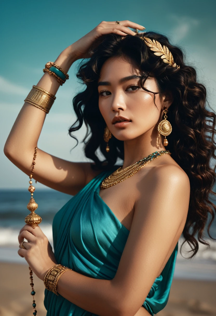 (A half-asian, asian-european, woman with black wavy hair in the style of a greek goddess. bronze skin. Aphrodite, goddess, divine aura) (teal and bronze colours) (high contrast background) (wearing ancient jewellery on upper arms, neck, wrists, fingers) (polaroid camera) (RAW photo, nikon, 8k, Super detailed, advanced details, intricate details, Super detailed) (award-winning photo, masterpiece) (on a deserted Mediterranean beach) (biting her lower lip, seductive expression) (walking away from the viewer, letting her clothes fall to the sand)