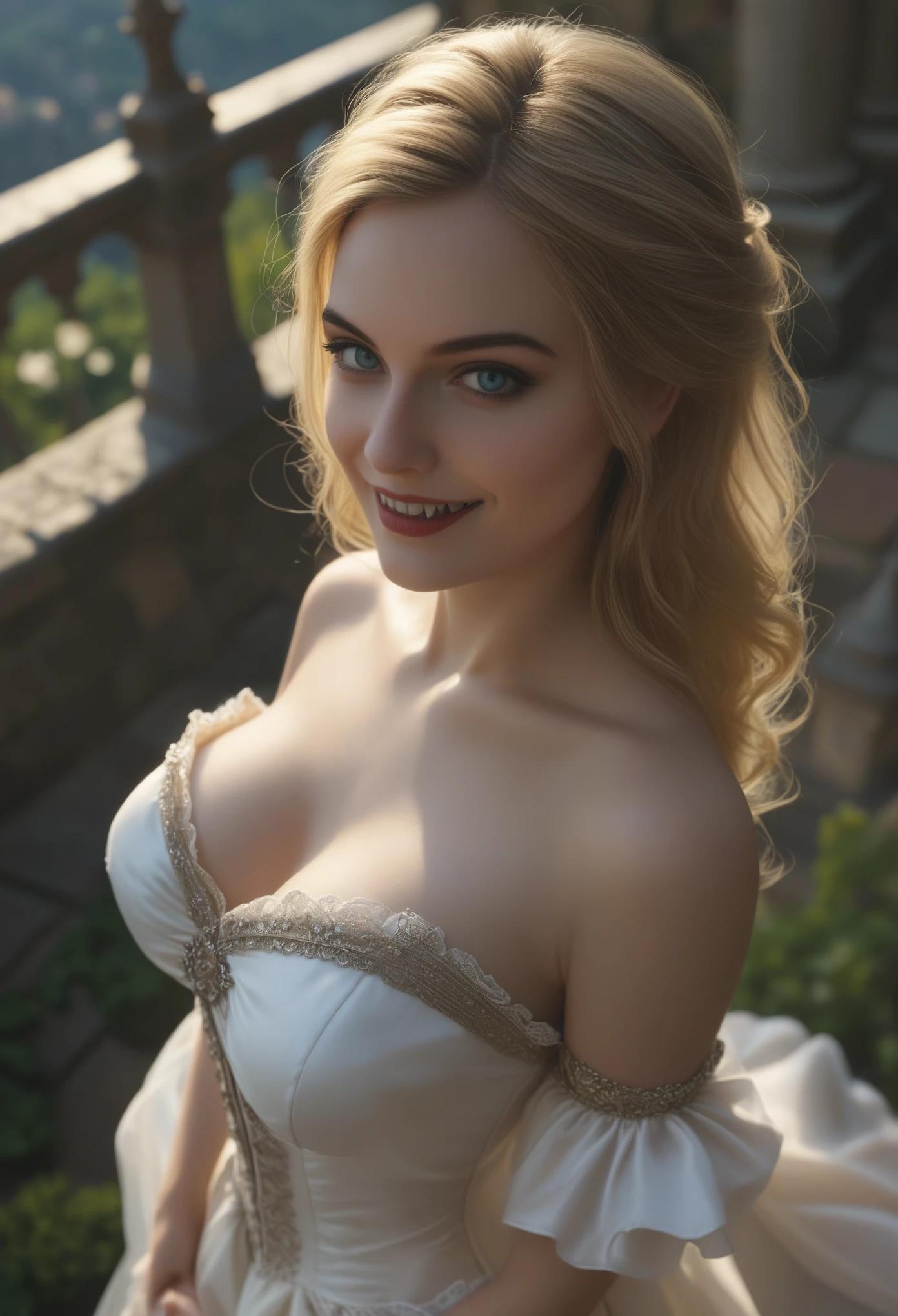 Cara Delevingne, score_9, score_8_above, score_7_above, 1girl, large_breasts, royal_garden, medieval_castle, elegant_green_dress, off_shoulder_dress, evil_smile, cute_woman, blonde, long_hair, side view, from_above, night, moonlight, cinematic film still, RAW photo, perfect lighting, volumetric lighting, Galadriel, stuning, goddess, (vampire:1.5), blue_eyes