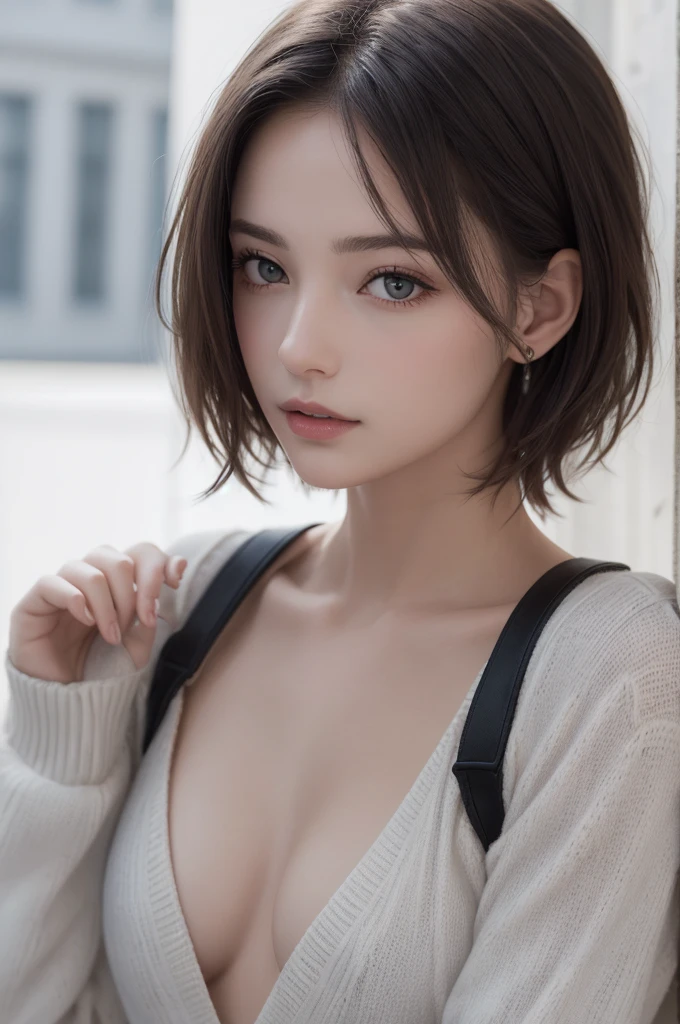 8K Ultra HD、RAWphotograph、モデルphotograph撮影、 European Fashion、(masterpiece、Highest quality、Realistic、High resolution、photograph:1.3)、close、focus on、Hot Model、slim、30 year old mature woman、Small face、No makeup、short hair、Beautiful dark brown Hayne eyes、Genuineスキン、(Perfect body)、Sexy hot face、sexual sight、slim、cardigan、Long sleeve、Button up,Beautiful eyes in every detail、Glossy lips、((Bright light、Dynamic Lighting、Genuine、超Genuine、 realism、Genuineなディテール、Cool Beauty、Cool pose、Background white、Plain white background