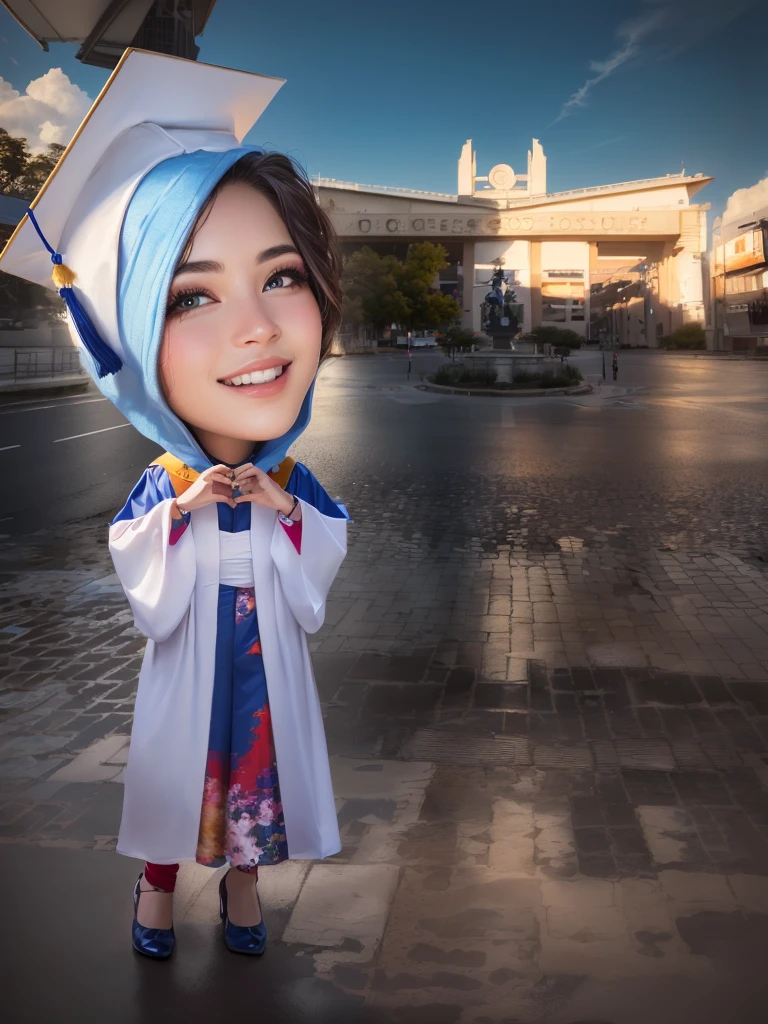 arafed woman in graduation gown and cap with a graduation cap on her head, Beautiful sky and clouds, chibi, graduation photo, profesional photo, post graduate, wearing an academic gown, potrait, profesional photography, student, photoshot, by Abidin Dino, full protrait, in cartoon style, realism artstyle, protrait, photography photorealistic, professional foto