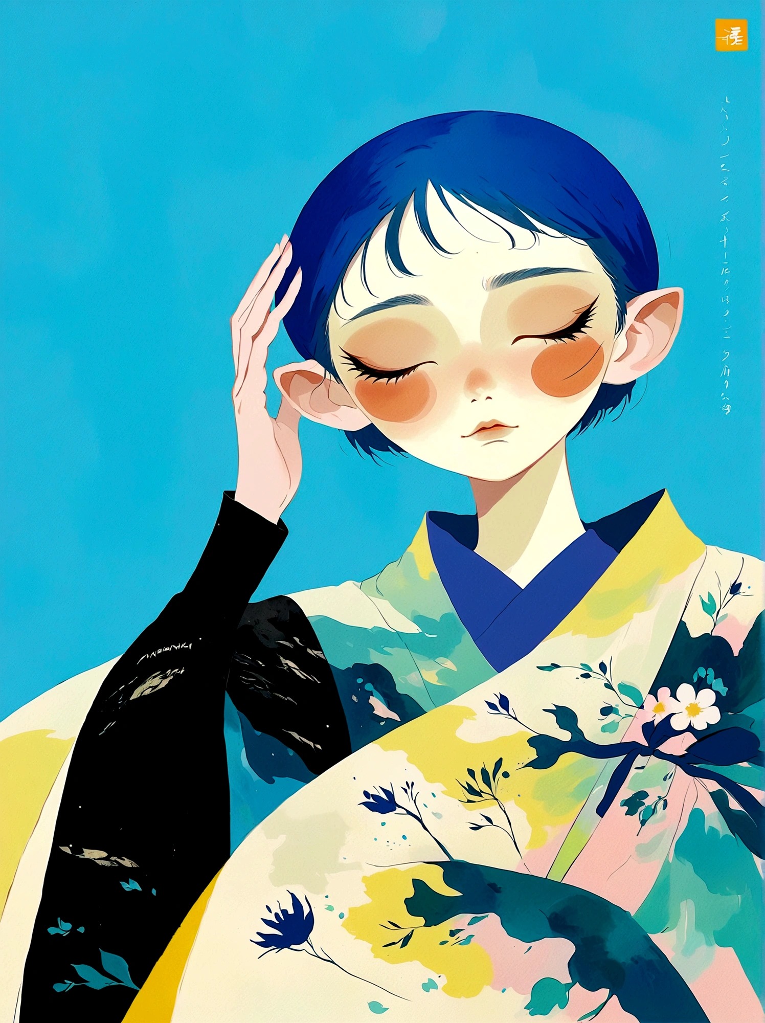 girl，Blue short hair，Japanese clothing，Japanese horror style Japanese pop surrealism, author：Yukika Kosaka, Nguyen Gia and Joao Nguyen, 
