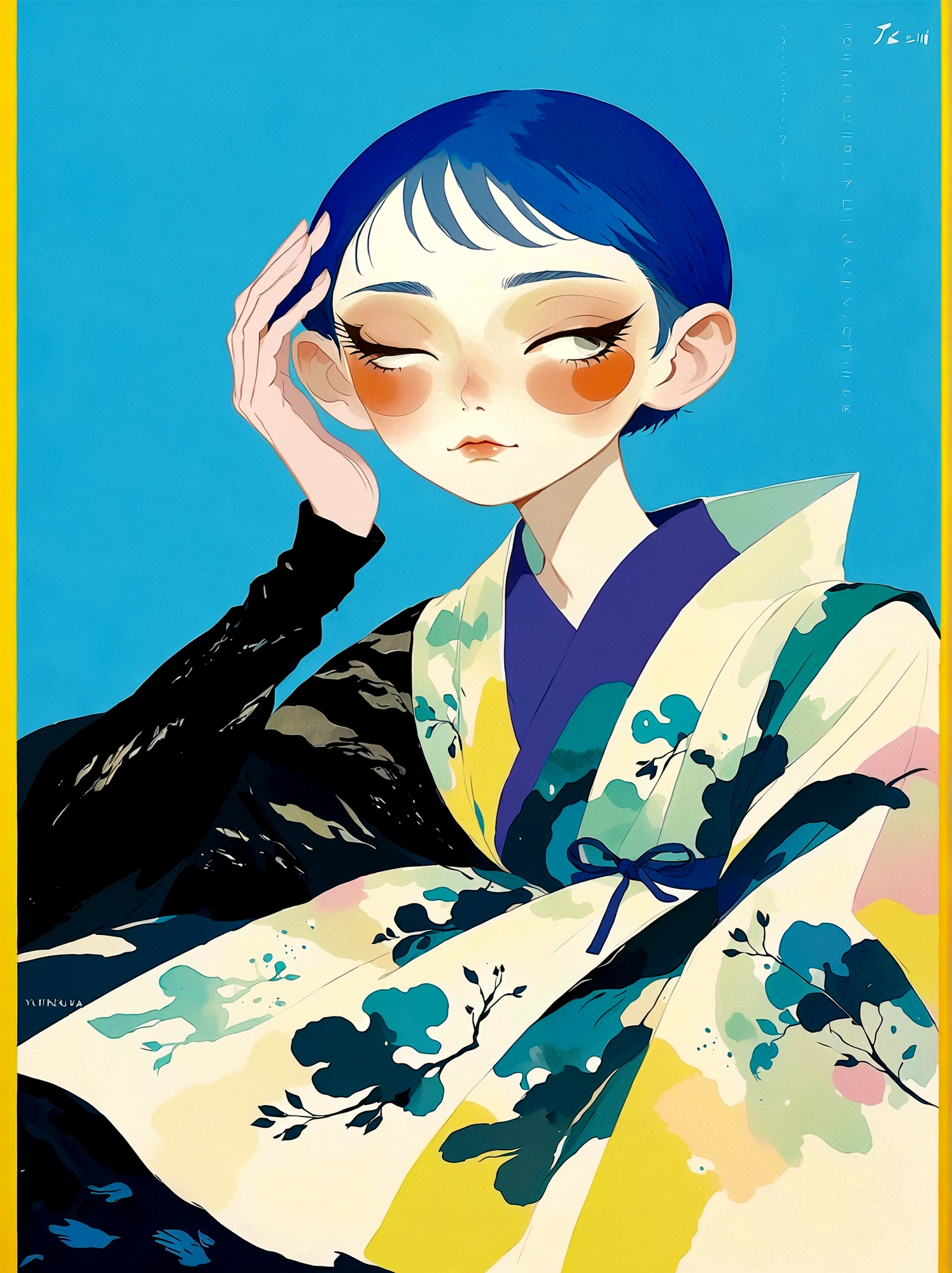 girl，Blue short hair，Japanese clothing，Japanese horror style Japanese pop surrealism, author：Yukika Kosaka, Nguyen Gia and Joao Nguyen, 
